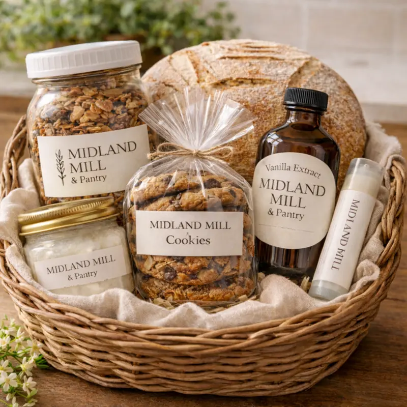 Midland Mill gift basket with bread, cookies, granola, and more