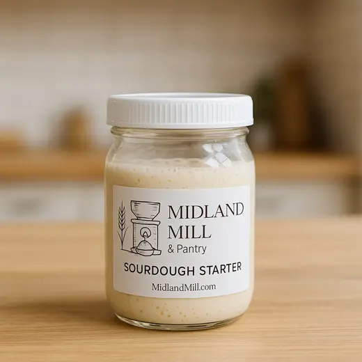 Jar of active sourdough starter culture