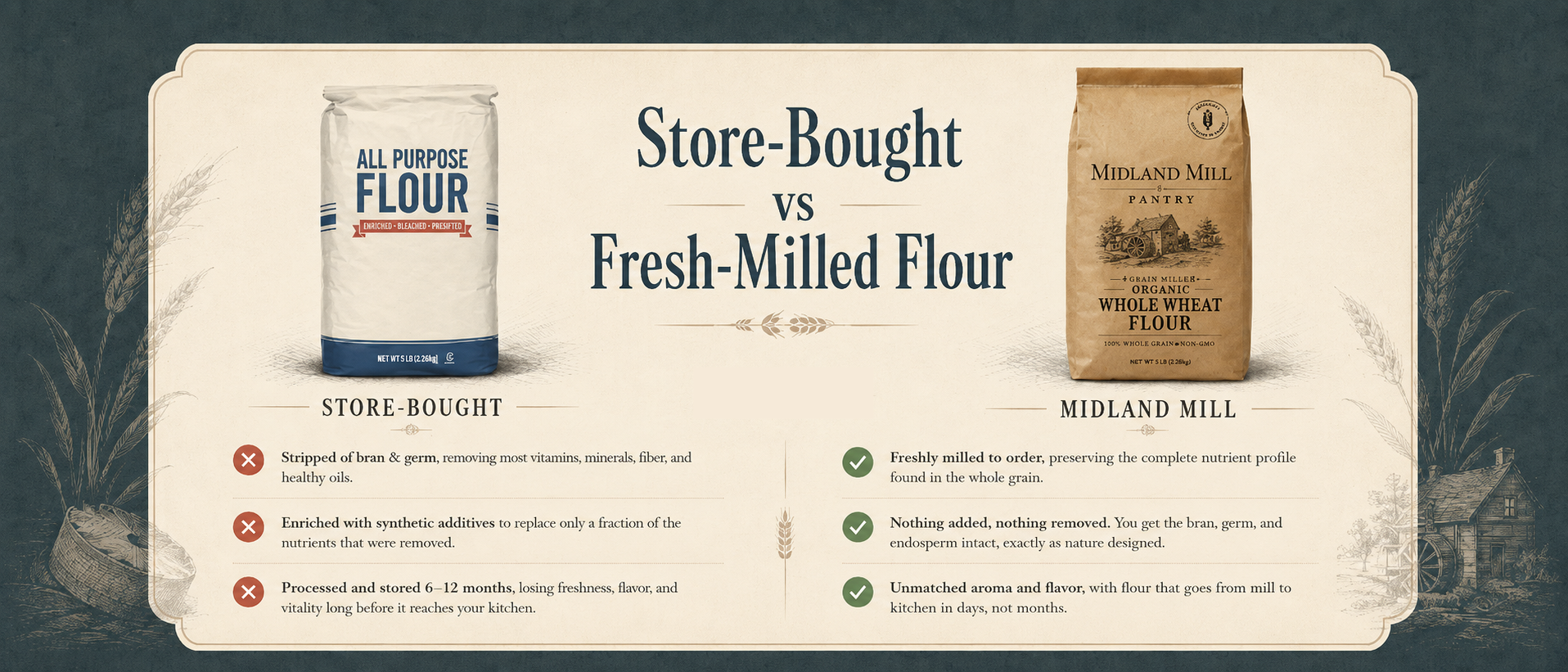 Store-bought flour stripped of nutrients versus Midland Mill freshly milled whole grain flour